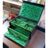 A Vintage black leather and green velvet-lined jewellery box with fitted drawer, length 24cm