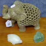 A carved soapstone elephant, height 17cm, carved hardstone tortoise and Buddha