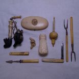 Ivory cane handle, ivory manicure case and other ivory items