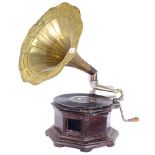A wind-up oak octagonal gramophone with reproduction horn, in working order