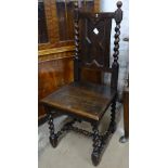 A panelled oak side chair, with barley twist stretchers