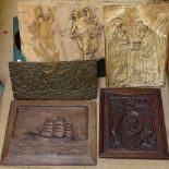 Various carved wood wall plaques, composition plaque etc