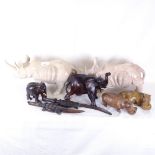 Carved soapstone rhino, length 33cm, carved wood animals etc