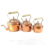 A graduated set of copper and brass kettles