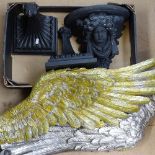 A pair of silvered wings, a cherub wall bracket, and a pair of brackets