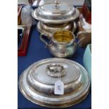 3 silver plated entree dishes and covers, and a 2-handled sugar bowl with engraved decoration