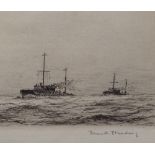 Frank Standing, monochrome etching, Atlantic patrol, oak-framed