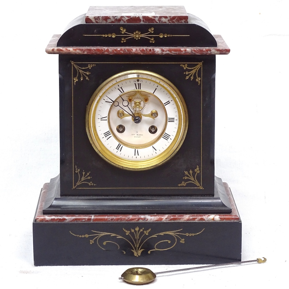 A French 2-train mantel clock in coloured marble case, height 29cm