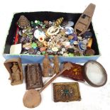 A box containing costume jewellery, beads, a small lacquered box etc