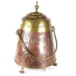 Continental engraved copper pot and cover with swing handle, height 45cm