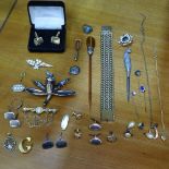 A box of assorted costume jewellery, to include Mount Fuji decorated cufflinks, silver brooches etc