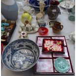 Art pottery vase, enamelled dishes, moneybox etc