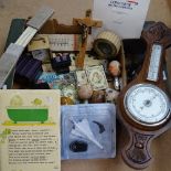 Polished stone eggs, barometer, coins etc