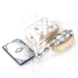 French mother-of-pearl silver-mounted card case, hair brush, and mother-of-pearl clad box, length