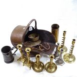 Copper coal scuttle, scale, 4 pairs of candlesticks, and 1915 brass cannon shell case