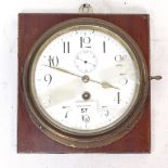 Antique brass-cased ship's bulkhead clock, with single train movement and enamelled dial, 21cm