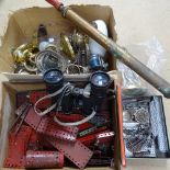 Early Meccano, binoculars, fishing reel, lamps etc