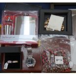 A box containing modern silver stone set dress rings, wristwatch, costume jewellery etc