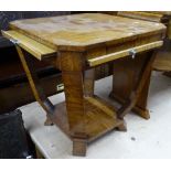 An Art Deco walnut side table of canted form, with 4 pull-out slides and shelf below, W58cm, H60cm