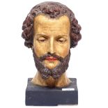 Antique style painted plaster head of a man on plinth, height 31.5cm