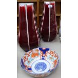 A pair of Oriental vases, 42cm, and an Imari bowl
