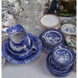 Spode Italian pattern jug, chamber pot, and fruit bowl, Willow pattern teaware, cut-glass vase etc