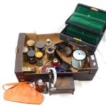 Leather jewel box and handbag, cylinder records, spirit flask etc