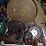 Brass trays, a clock, binoculars etc