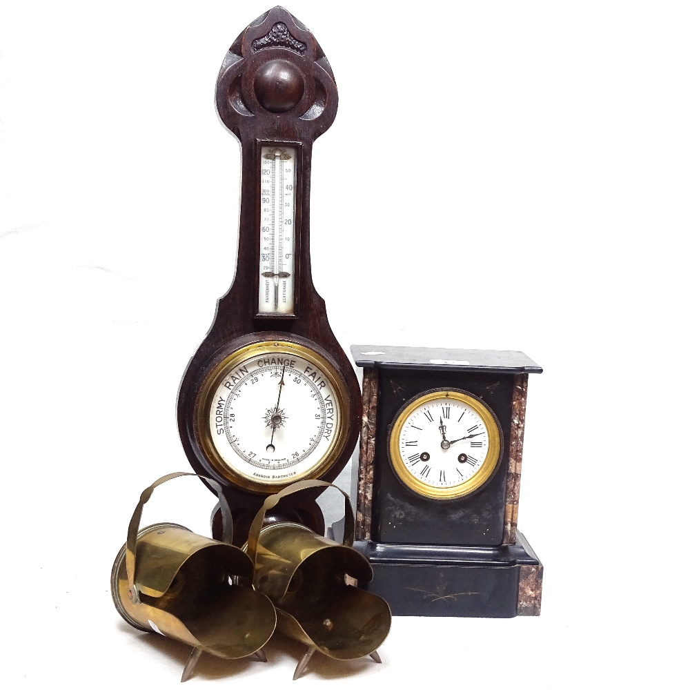 2 1916 trench art scuttles, slate and marble-cased clock, height 25cm, and an aneroid barometer