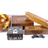 Pencil box with rule, Cribbage board, 2 boxes, and a wooden bowl