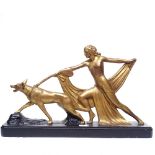 Continental painted Art Deco group girl and Alsatian on plinth, length 67cm