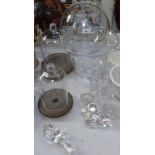 Glass domes on stands, tallest 24.5cm, glass bowls and decanter stoppers