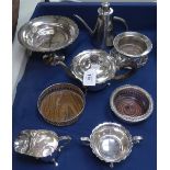 A 3-piece silver plated tea set, wine coasters etc