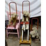 3 Vintage push-along dogs, and a small Vintage painted rocking horse