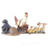 Cast-iron painted cockerel doorstop, 30cm, and 3 other cast-iron animal doorstops