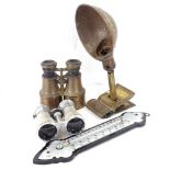 A brass desk lamp, thermometer, opera glasses, and "The Liverpool" binoculars