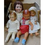 A German porcelain-head doll, 62cm, 3 other large Vintage dolls