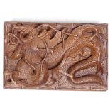 An Oriental hardwood box with carved dragon figures, length 23cm
