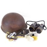 French Colmont binoculars, military steel helmet etc