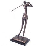 A signed bronze figure on plaque of a lady golfer, Kim.Y.J, 37cm