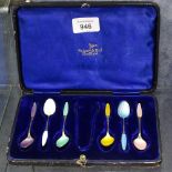 A set of 6 silver and coloured enamel teaspoons, by Frigase, Denmark