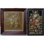 19th century framed tapestry picture, height 50cm overall, and framed floral cross-stitch tapestry
