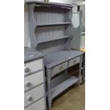 A grey painted 2-section kitchen dresser, W91cm, H160cm