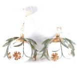 A 3-branch metal and floral painted chandelier, and a set of 3 with foliate design