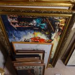 2 large oils on board, horse and carriage, and clown scene, and other prints and pictures (10)