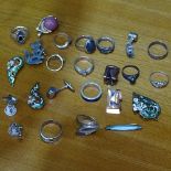 A collection of silver rings, enamel jewellery, cufflinks etc