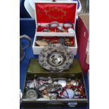 A cantilever jewellery box, and costume jewellery, pocket watch, wristwatches, and a tin jewellery