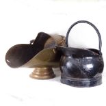 A brass coal scuttle, and a painted coal bucket