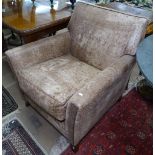A modern distressed brown leather upholstered armchair, purchased from Hoopers
