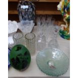 12 Champagne flutes, modelled glass vase, 51cm, and other glassware